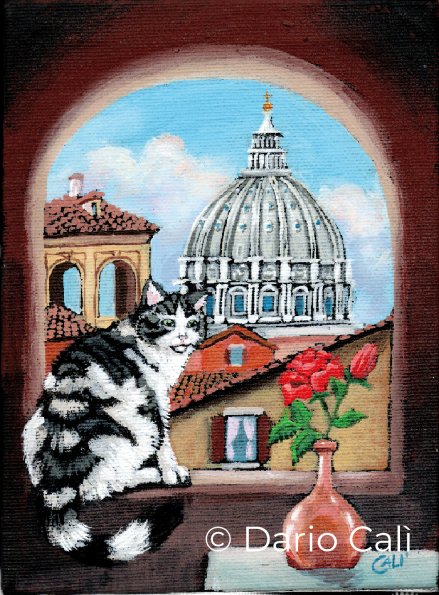 gatto alla finestra di Borgo - acrilici su tela cm 13x18,5 - € 45