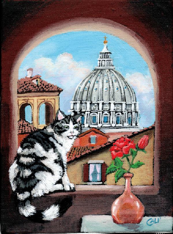 gatto alla finestra di Borgo - acrilici su tela cm 13x18,5 - € 45,00